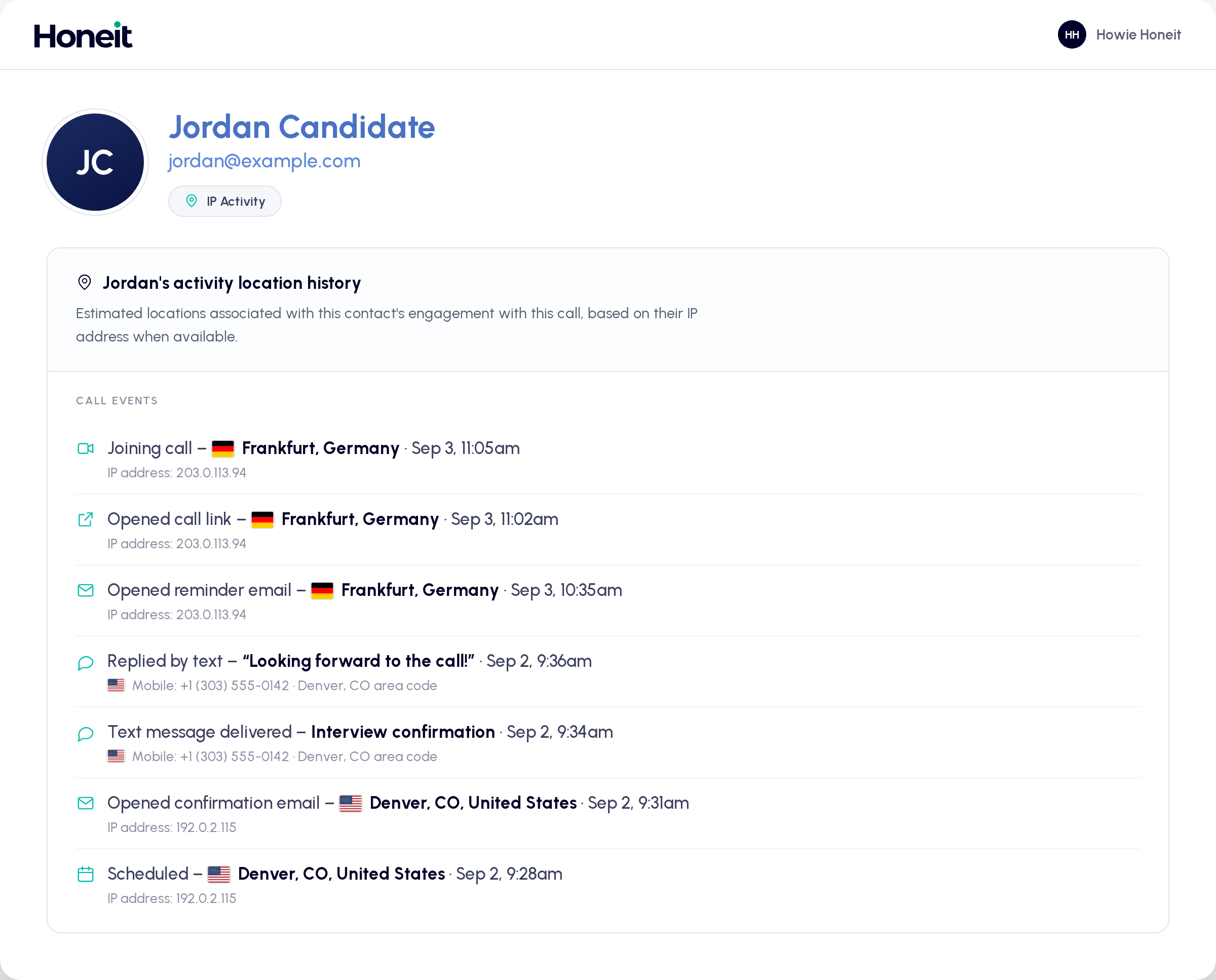 Honeit interview dashboard with the location activity panel beside the recruiter's questions and notepad