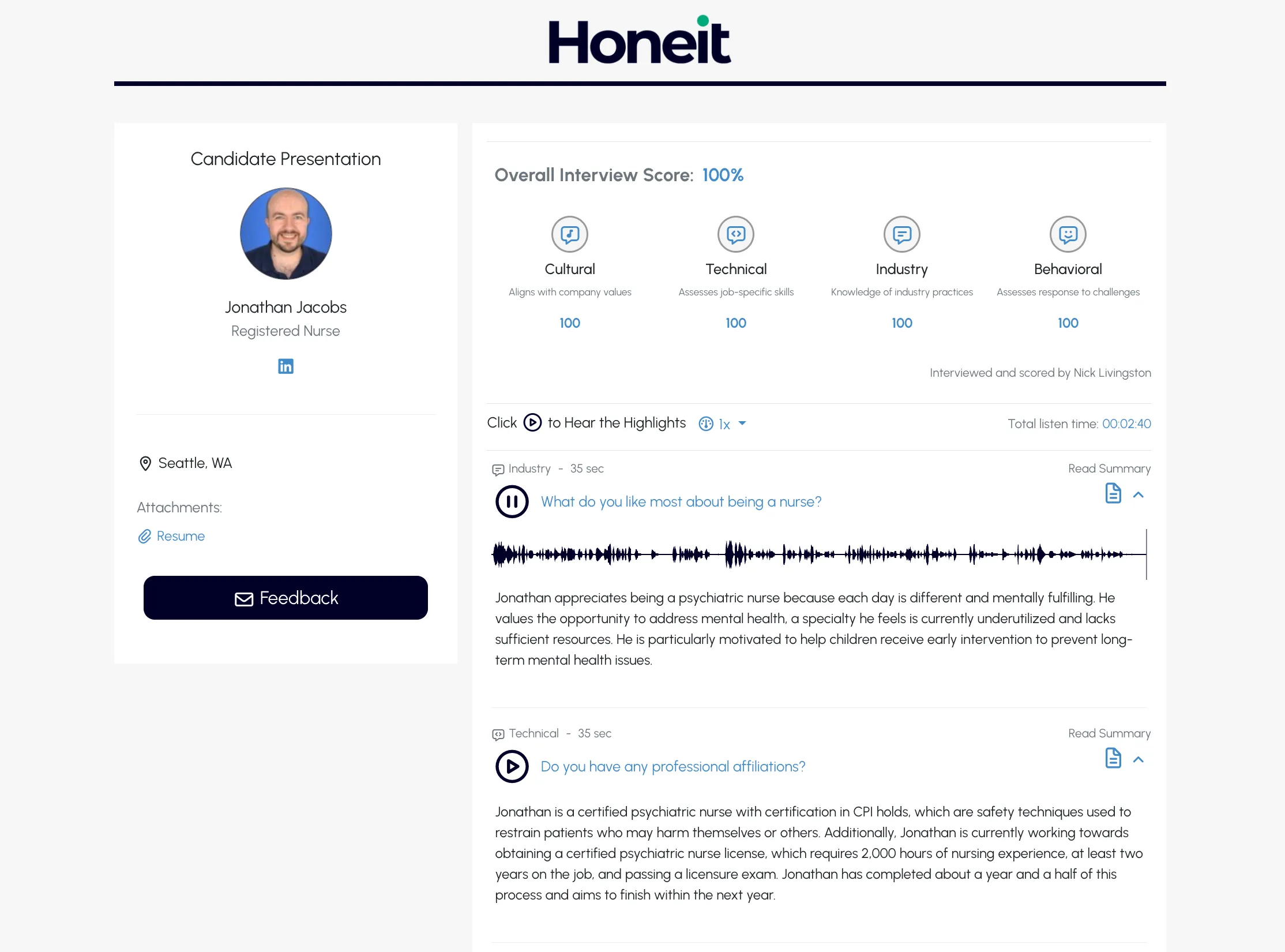 Sample Honeit candidate presentation for a registered nurse, showing interview scores and an audio soundbite with summary