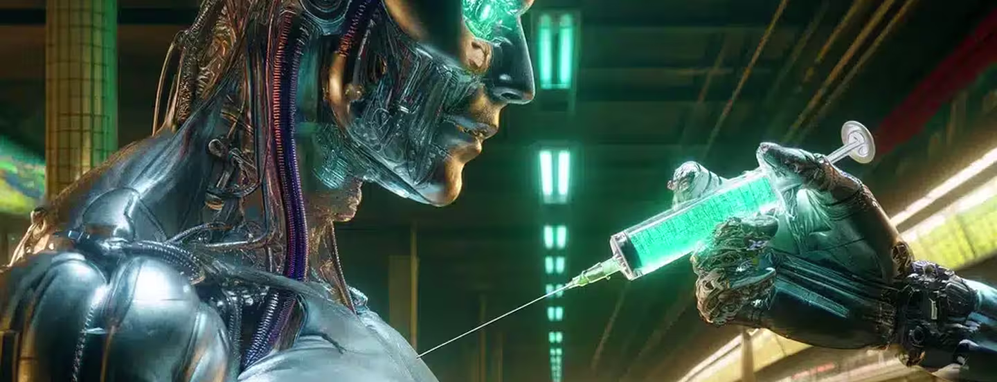 AI Robot being injected with green substance