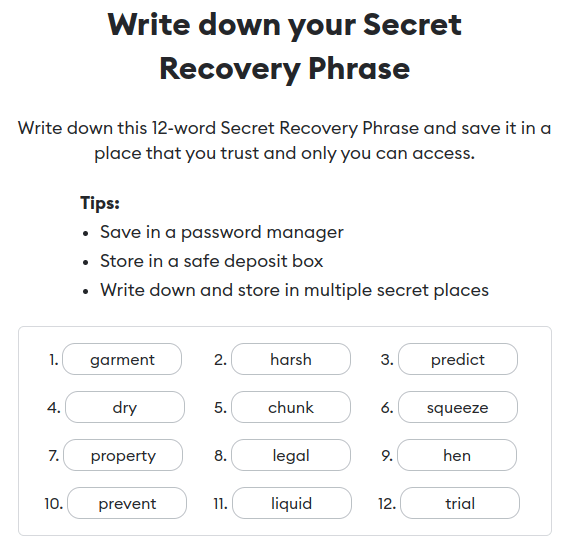 MetaMask secret recovery phrase