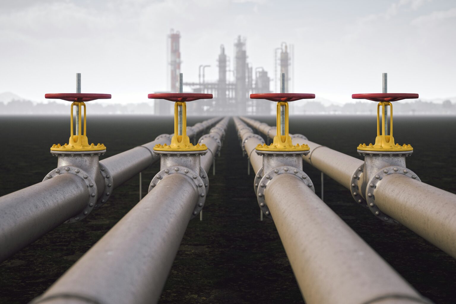 Industrial pipelines with four large red-and-yellow gate valves leading toward a refinery in the distance, viewed from a low angle with a shallow depth of field under an overcast sky.
