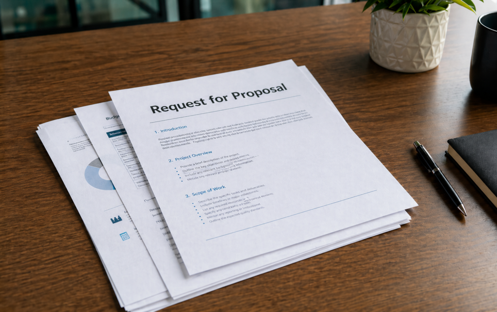 Documentos de solicitação de proposta sobre uma mesa
