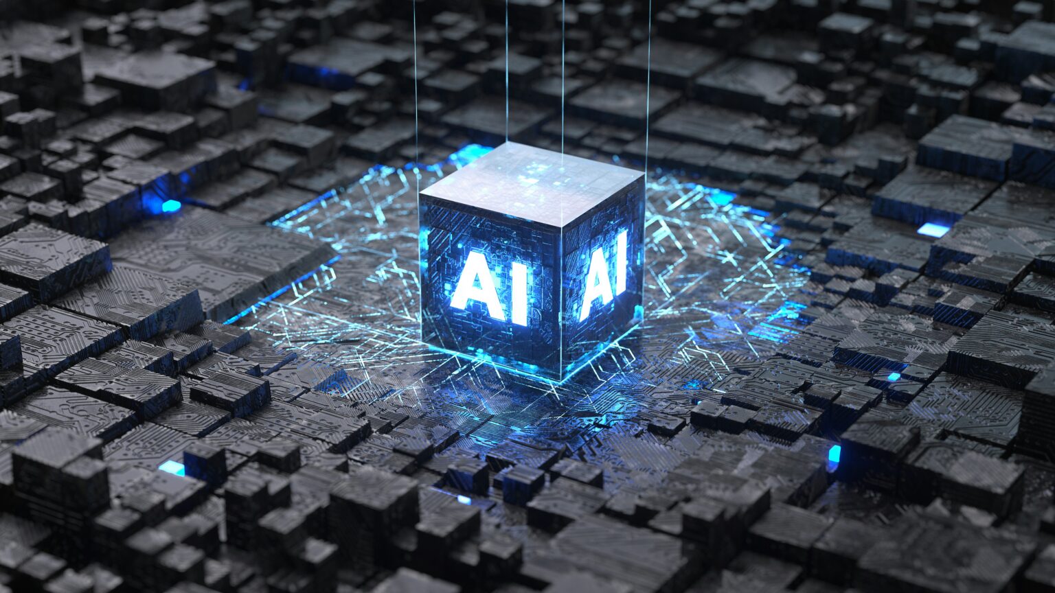 Digital image of a cube with AI written on it connected by circuits