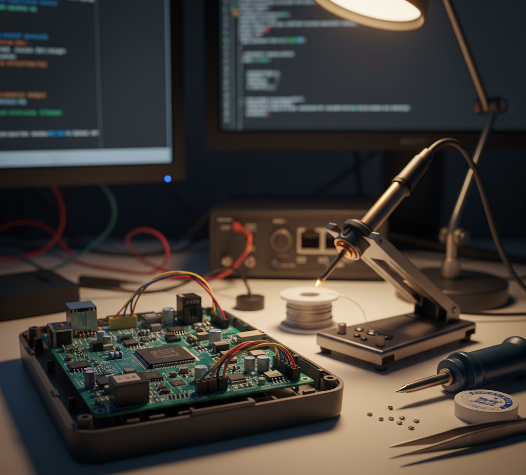 Circuit board on top of workstation table
