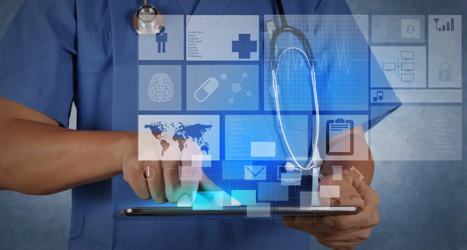 Médico analisando painéis de controle em um tablet