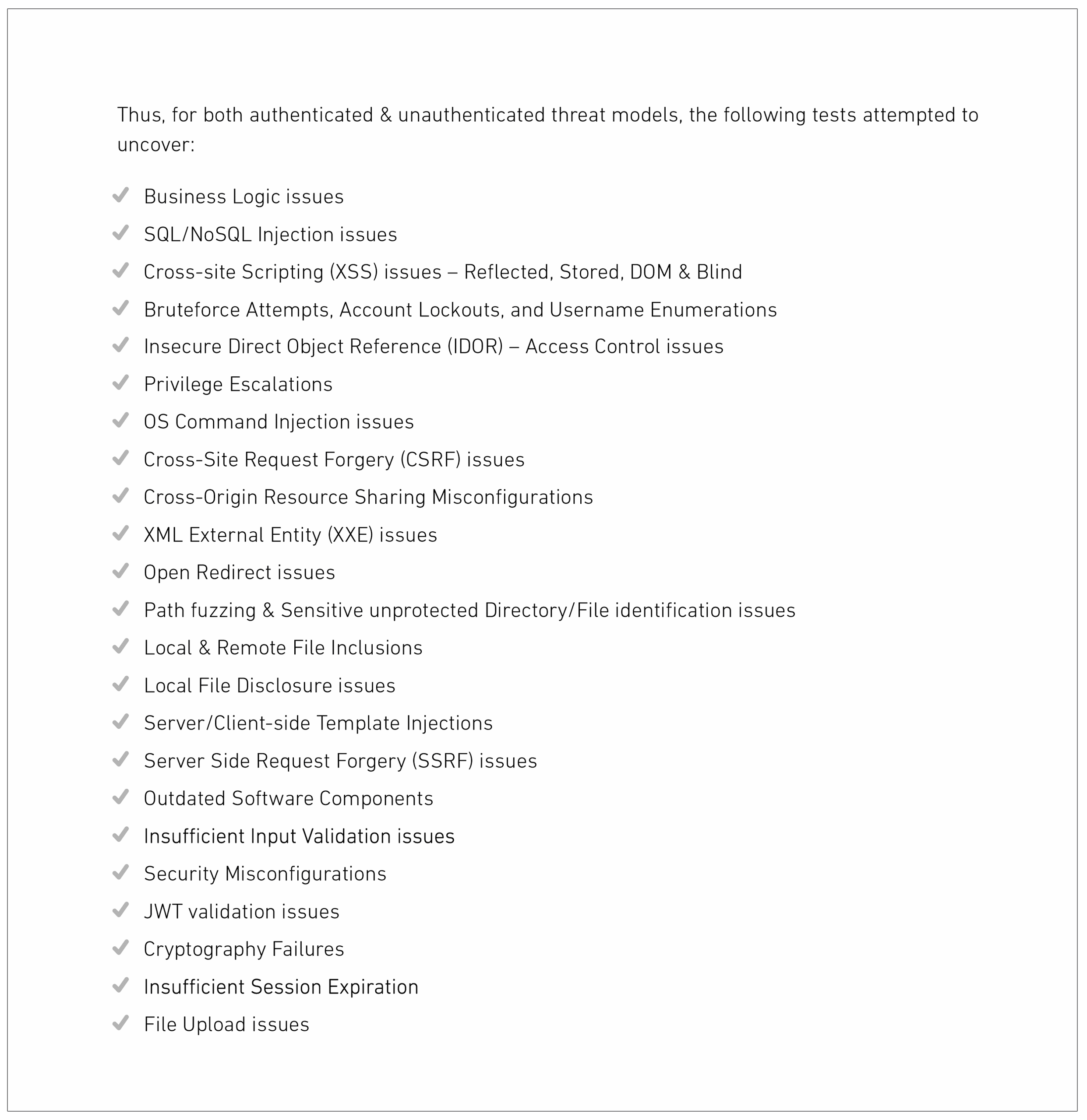 Technical summary list