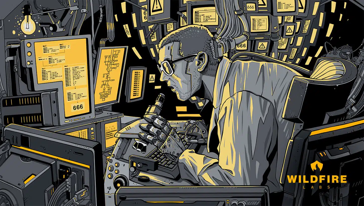 Illustration of a cyborg analysing data on a huge setup