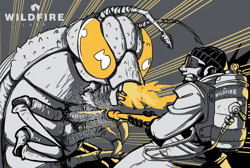 Illustration of a pest killer cyborg burning down a bug with a flame thrower
