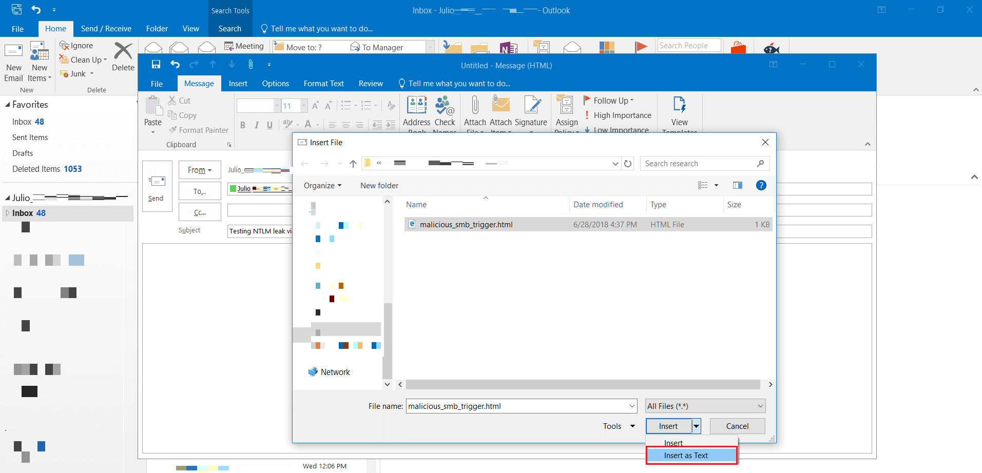 Outlook compose window showing Insert as Text option