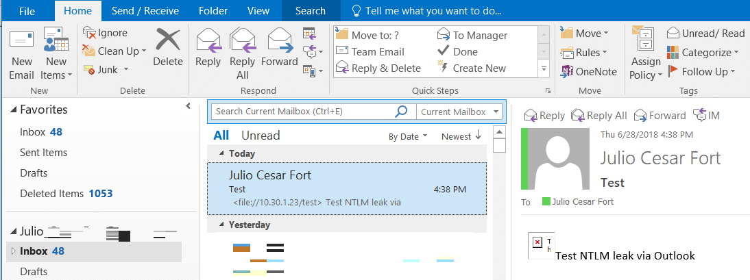 Victim's Outlook rendering the booby-trapped e-mail