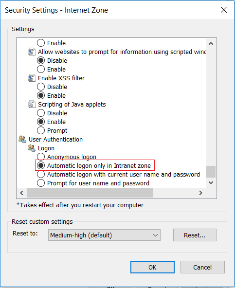 Internet Explorer trusted zones security settings
