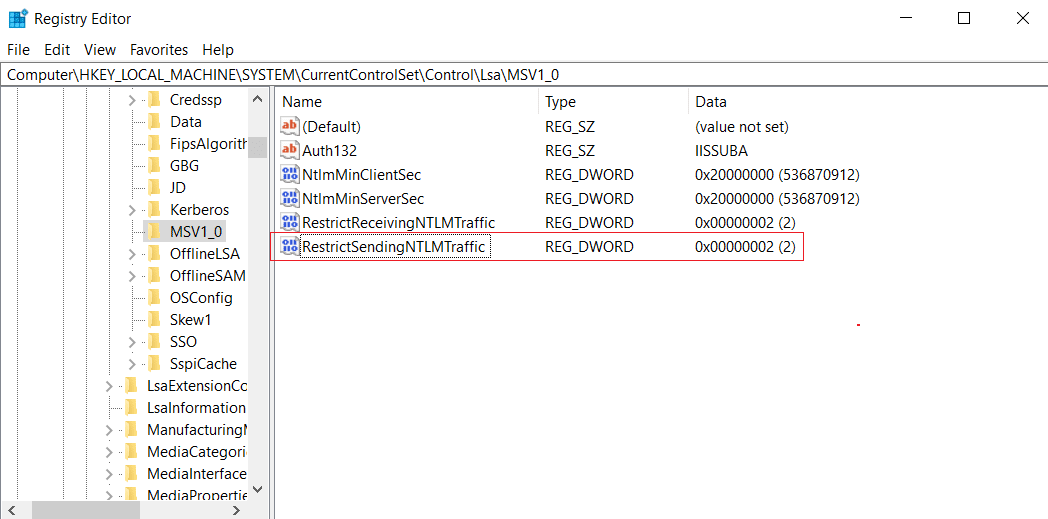 Windows Registry Editor showing the RestrictSendingNTLMTraffic key