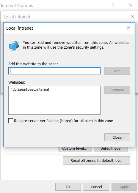 Edge trusted zones configuration showing whitelisted corporate domains