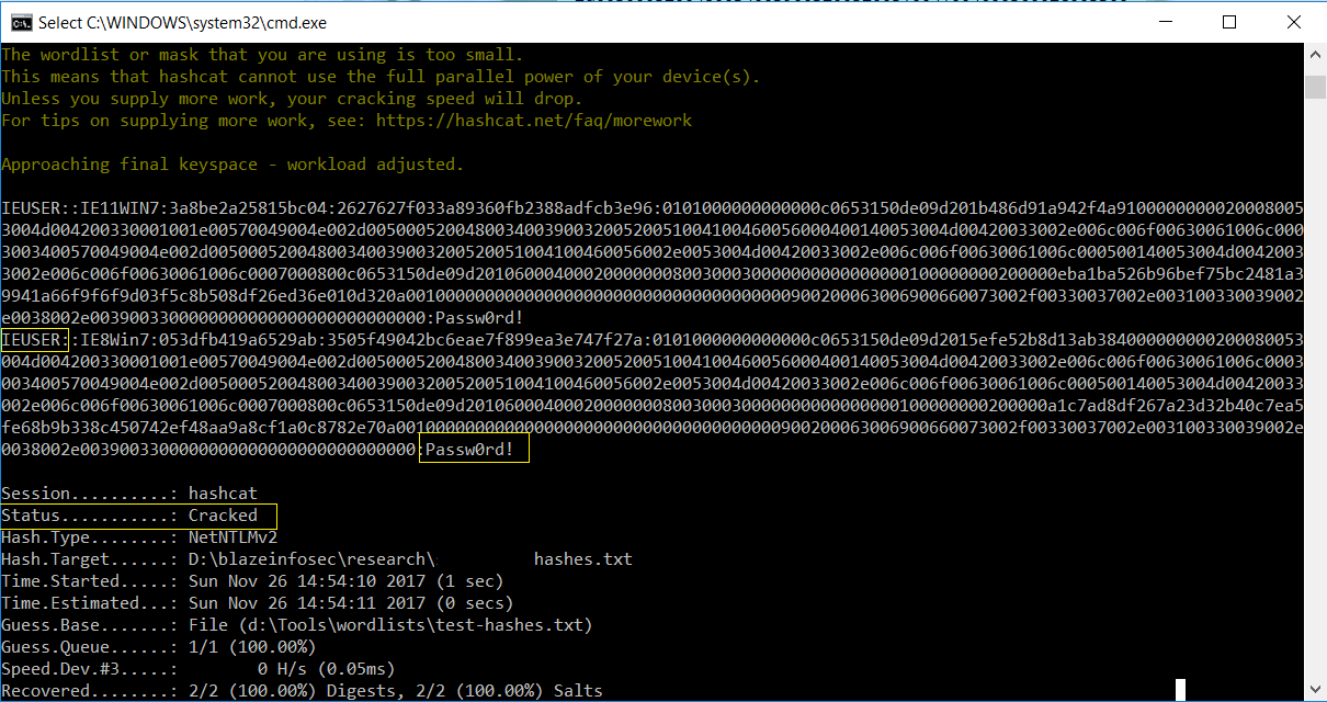 hashcat cracking a captured Net-NTLM hash
