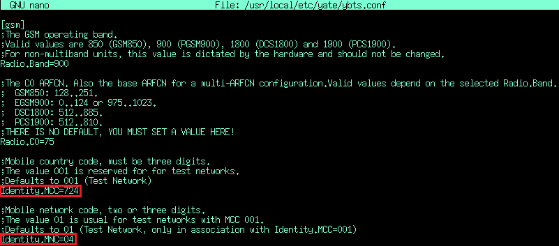 YateBTS configuration file showing MCC and MNC values