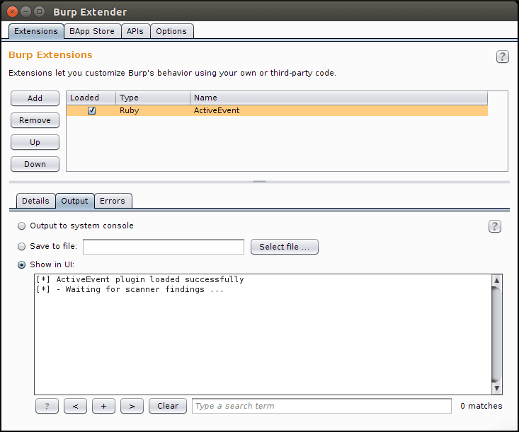 Burp Suite showing ActiveEvent plugin successfully loaded