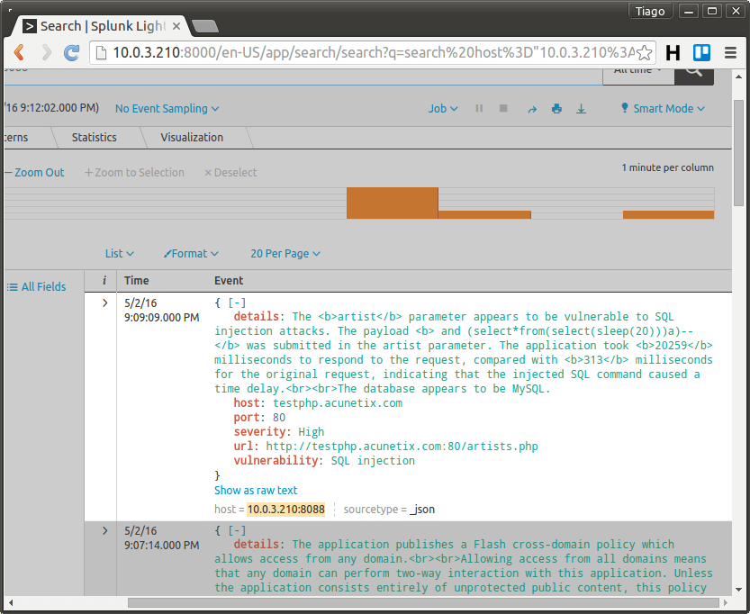 Splunk showing vulnerability events received from Burp Suite