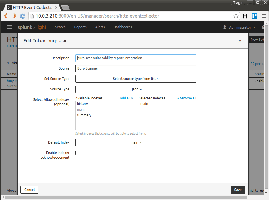 Splunk HTTP Event Collector new token screen
