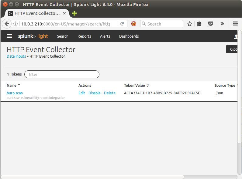 Splunk HTTP Event Collector token configuration