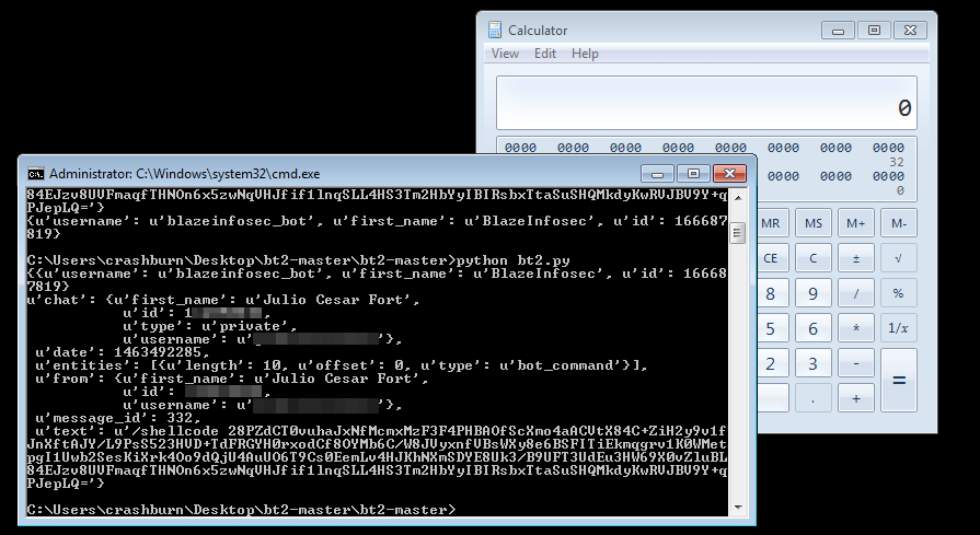 bt2 shellcode execution via Telegram