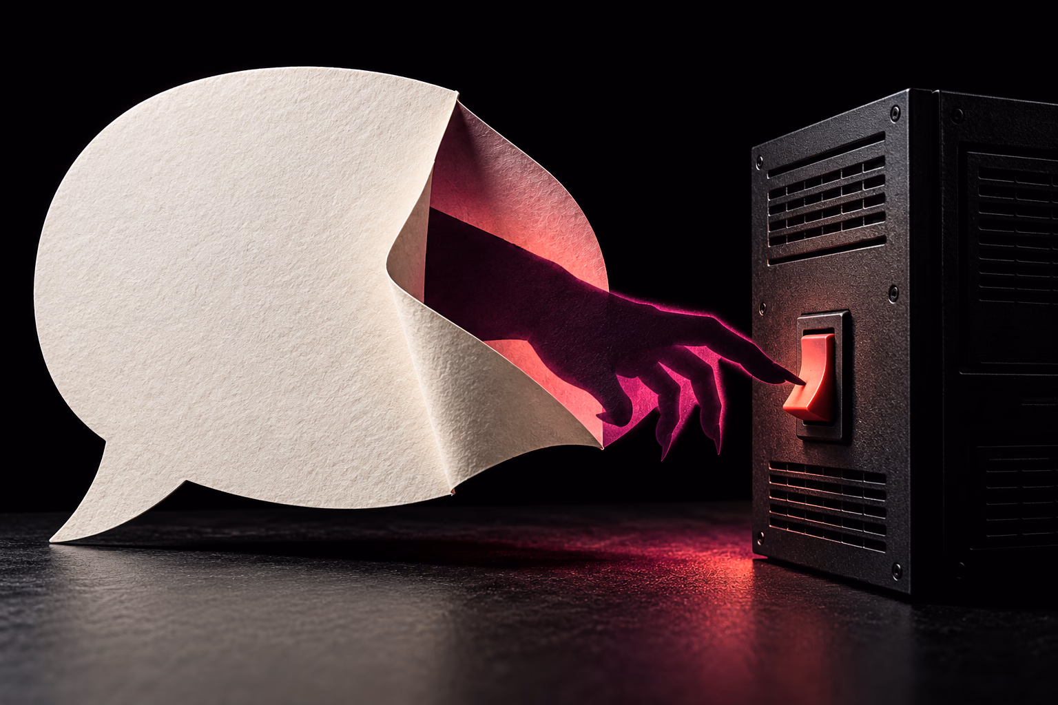 A hidden hand emerges from a folded speech bubble and presses a server execution switch.