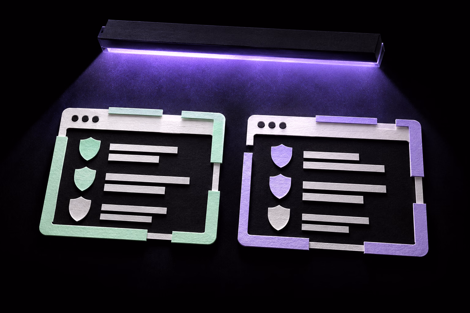 Two browser windows under an inspection light reveal gaps in their protective security layers.
