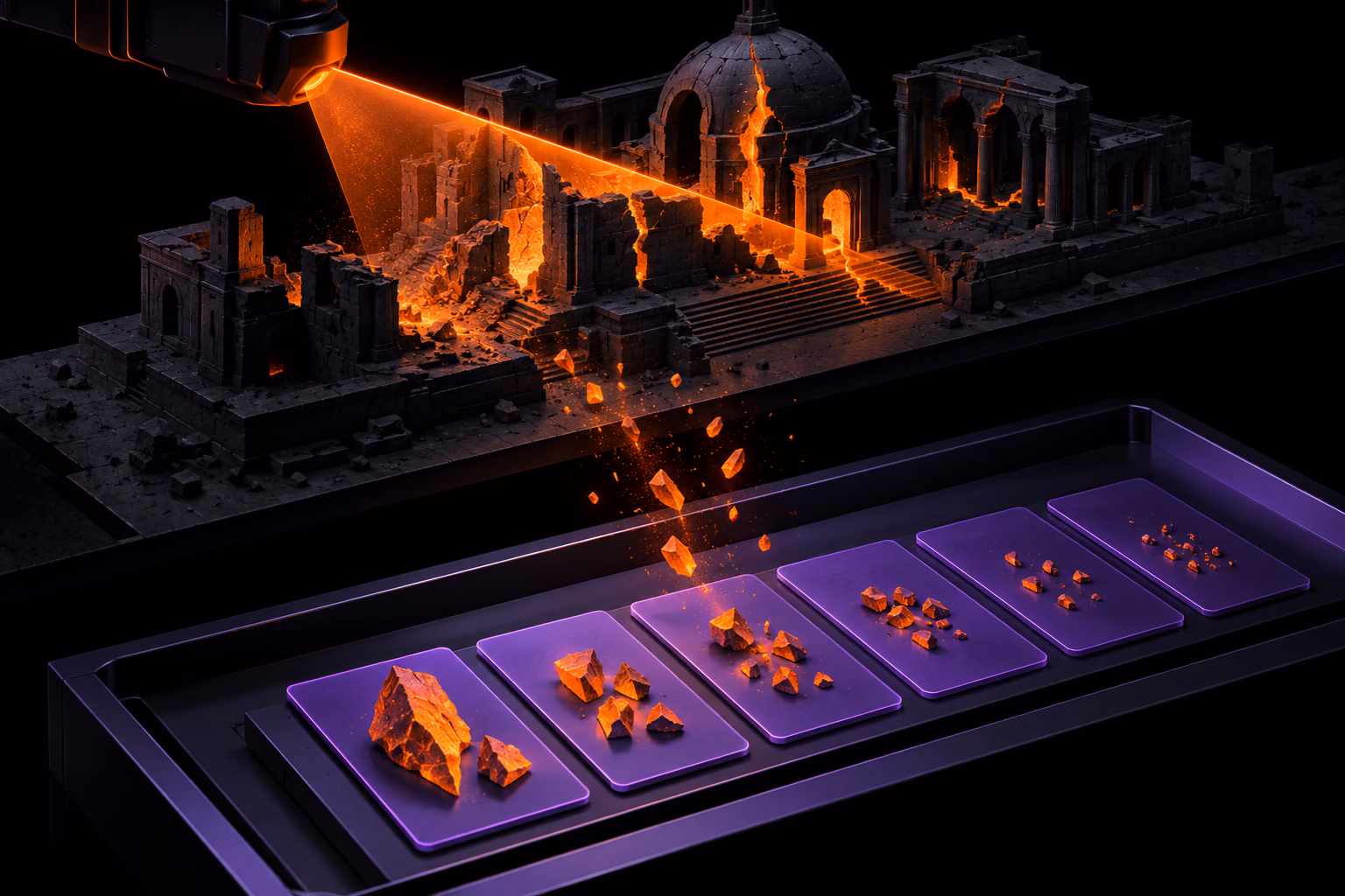 A scanner inspects flaws in a miniature structure and organizes its findings into an event tray.