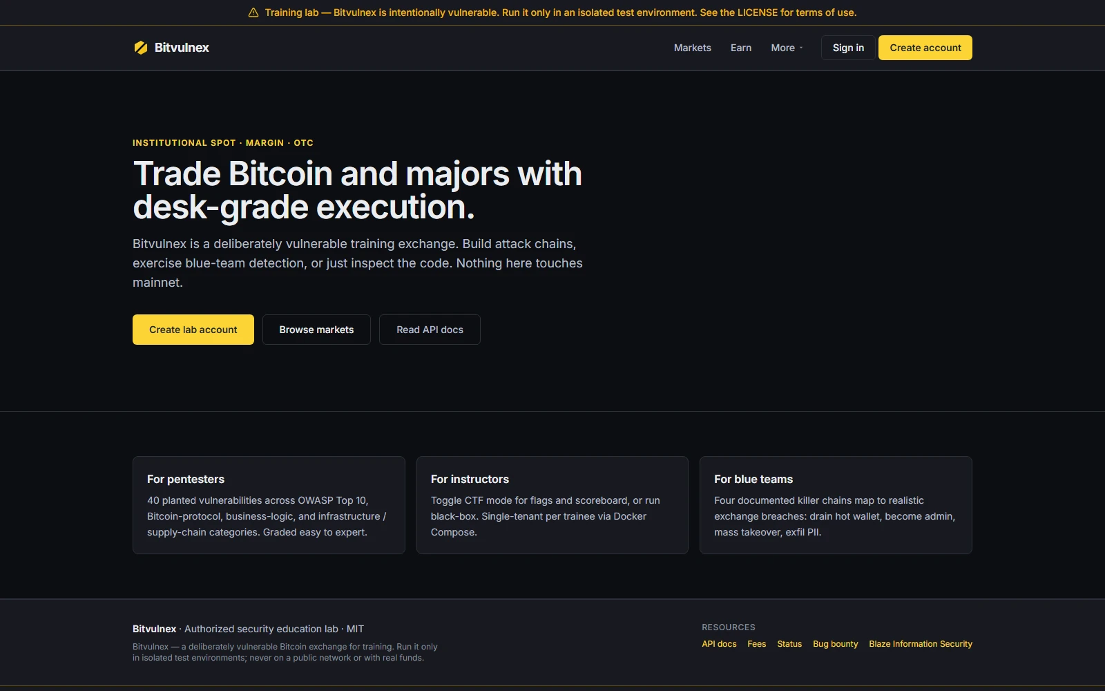 Bitvulnex landing page with account creation, market browsing, and API documentation links