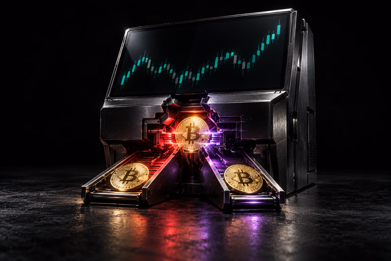 A dark crypto exchange terminal with a fractured withdrawal chamber produces two Bitcoin payouts from one balance.
