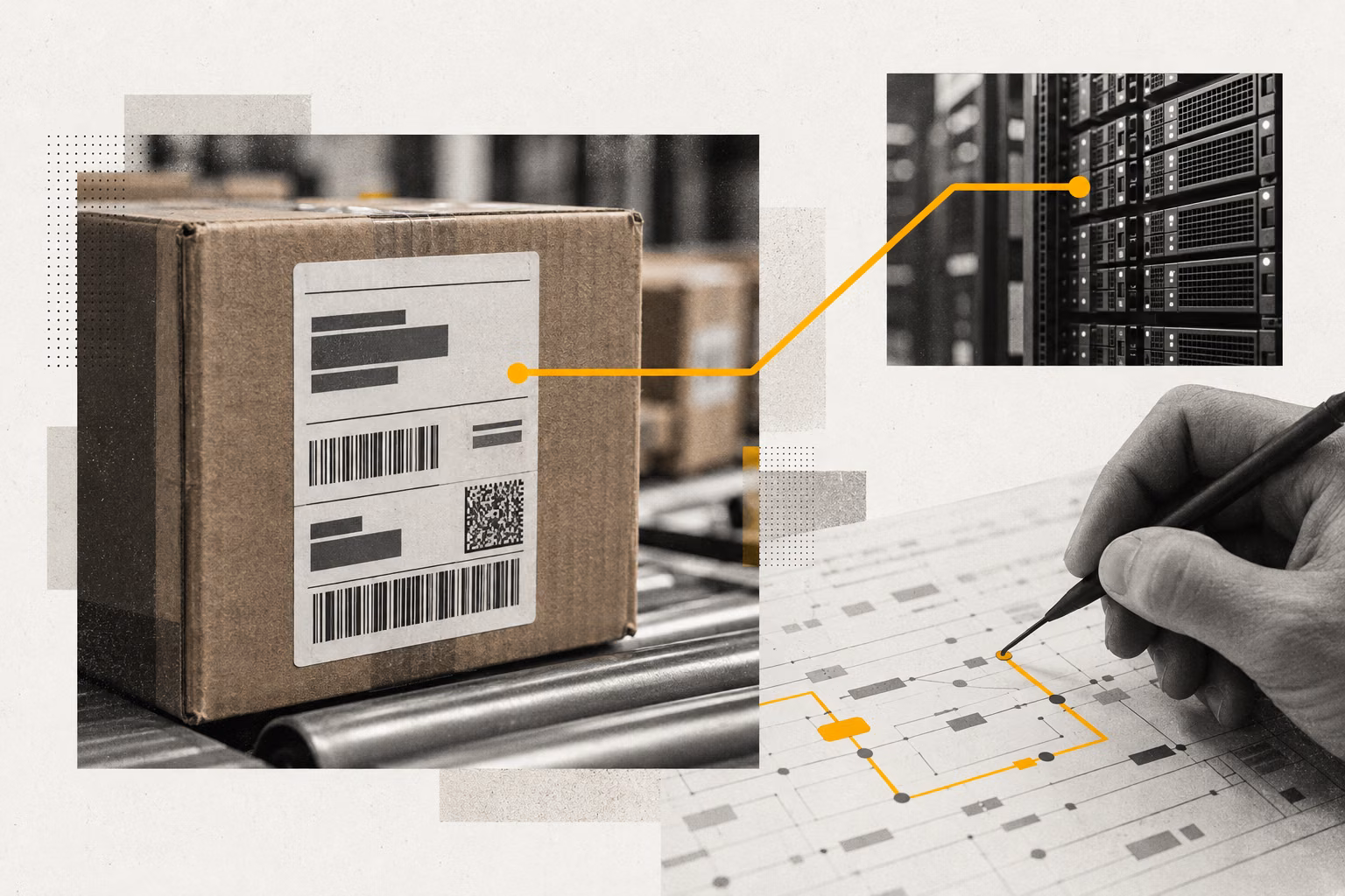 Editorial collage connecting a shipping label, server infrastructure and a manual security review.