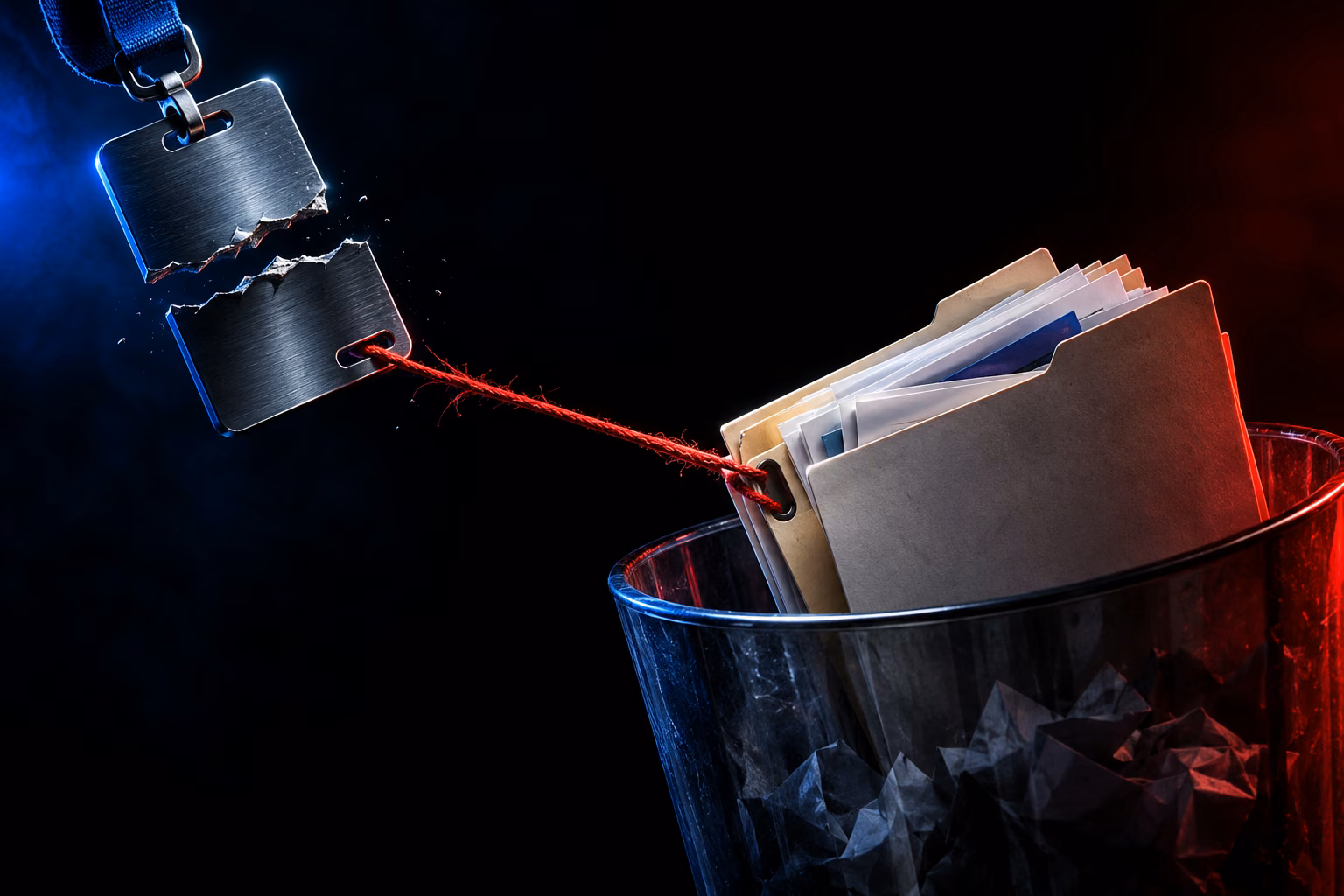 A severed access badge remains tethered to a shared folder in trash, illustrating deletion authority surviving access revocation, lit in French blue, white, and red.