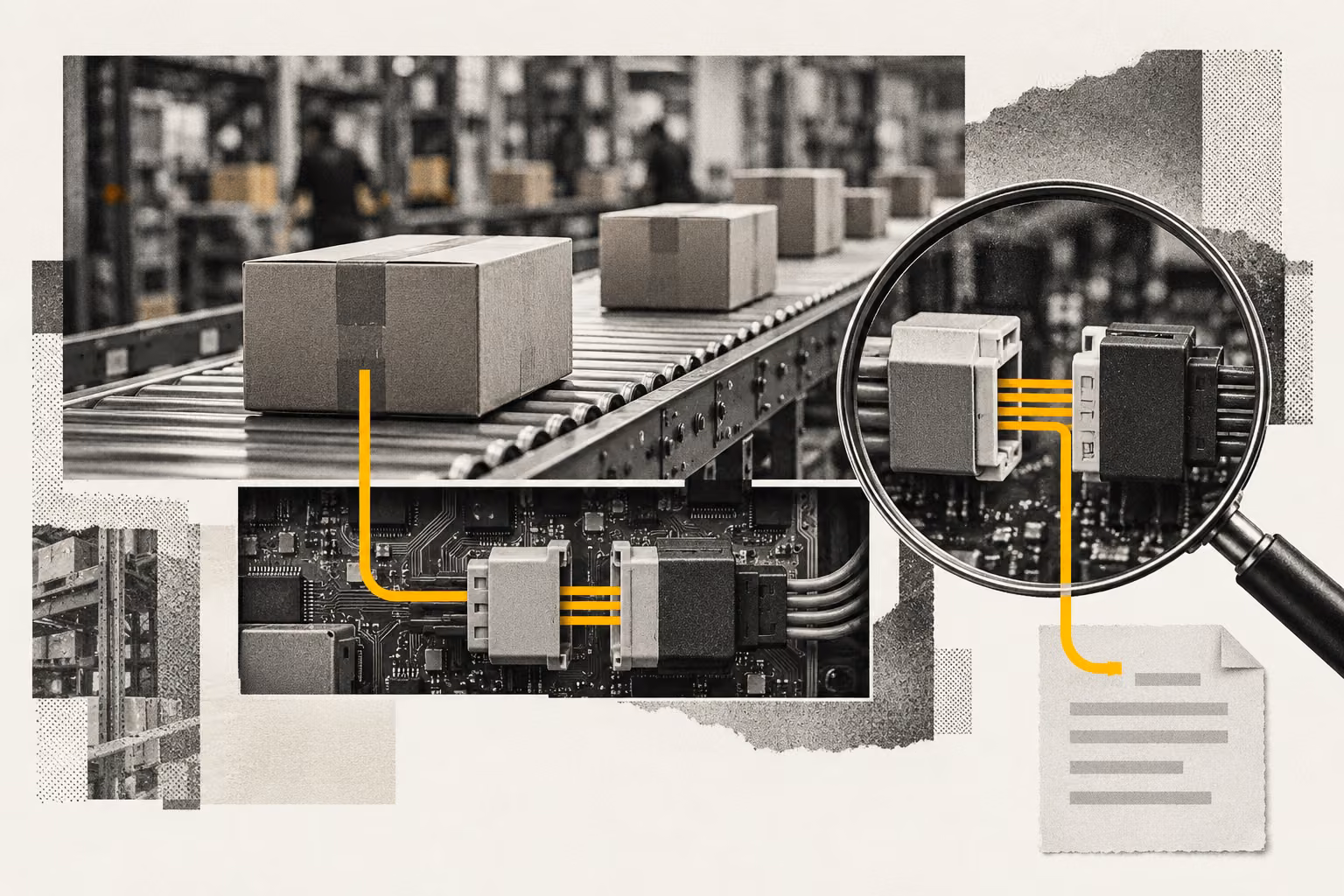 Ecommerce parcels linked to an integration connector under a magnifying glass, illustrating inspection of an order-processing integration.