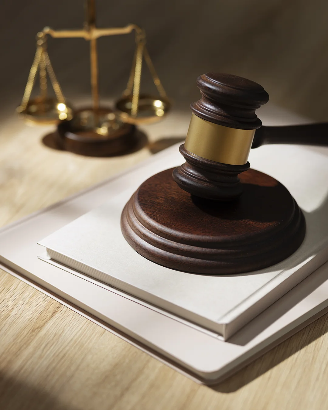 An attorney's desk, featuring criminal defense case files, a gavel, and a scale