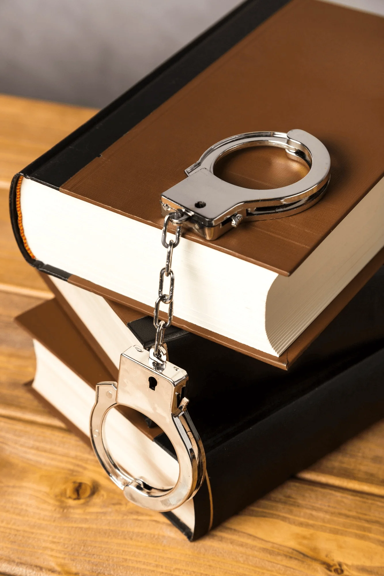 A pair of handcuffs hangs between two stacked law books on a wooden table.