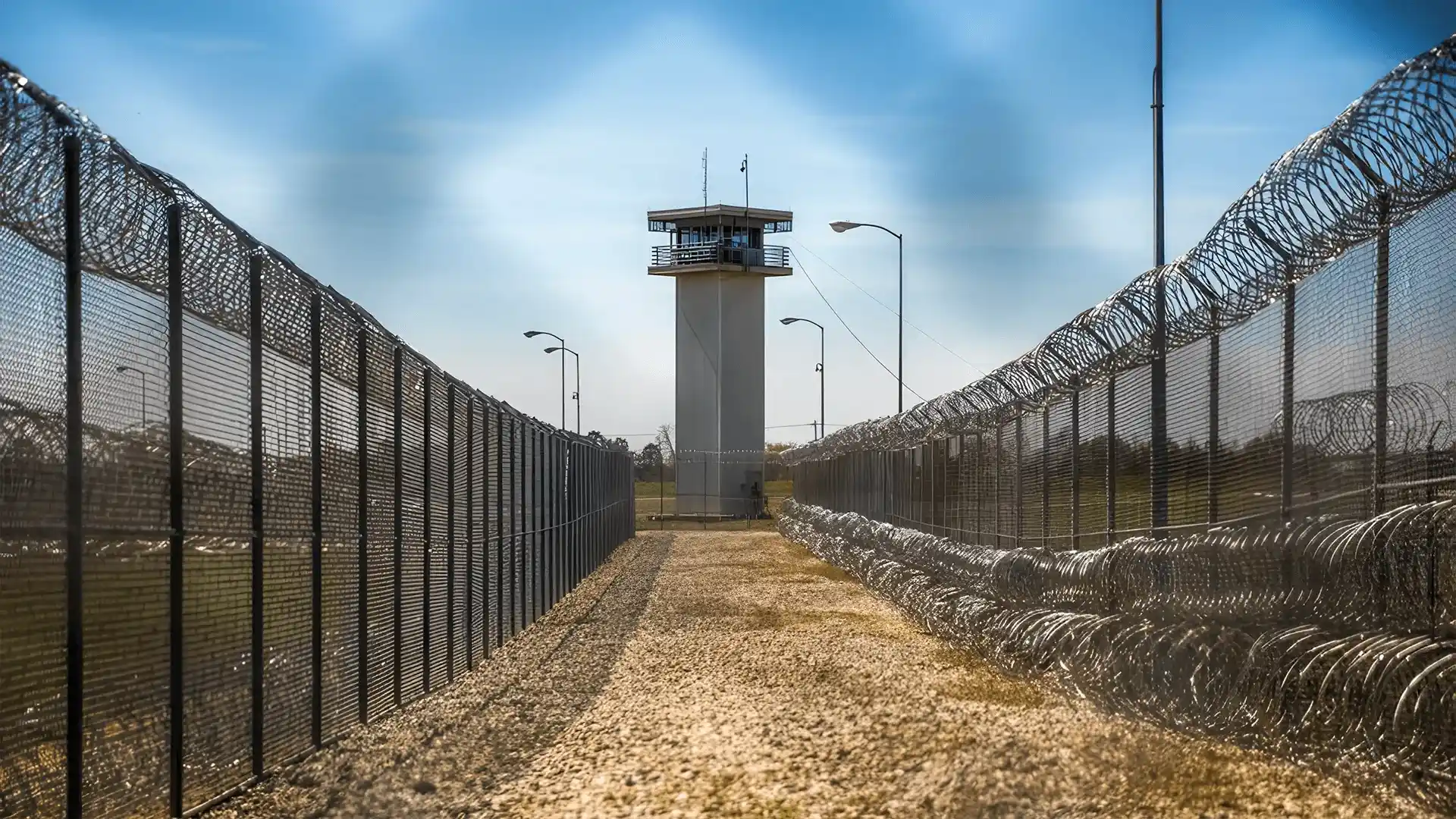 A guard tower stands at the end of a fenced corridor lined with razor wire at a Texas prison facility.