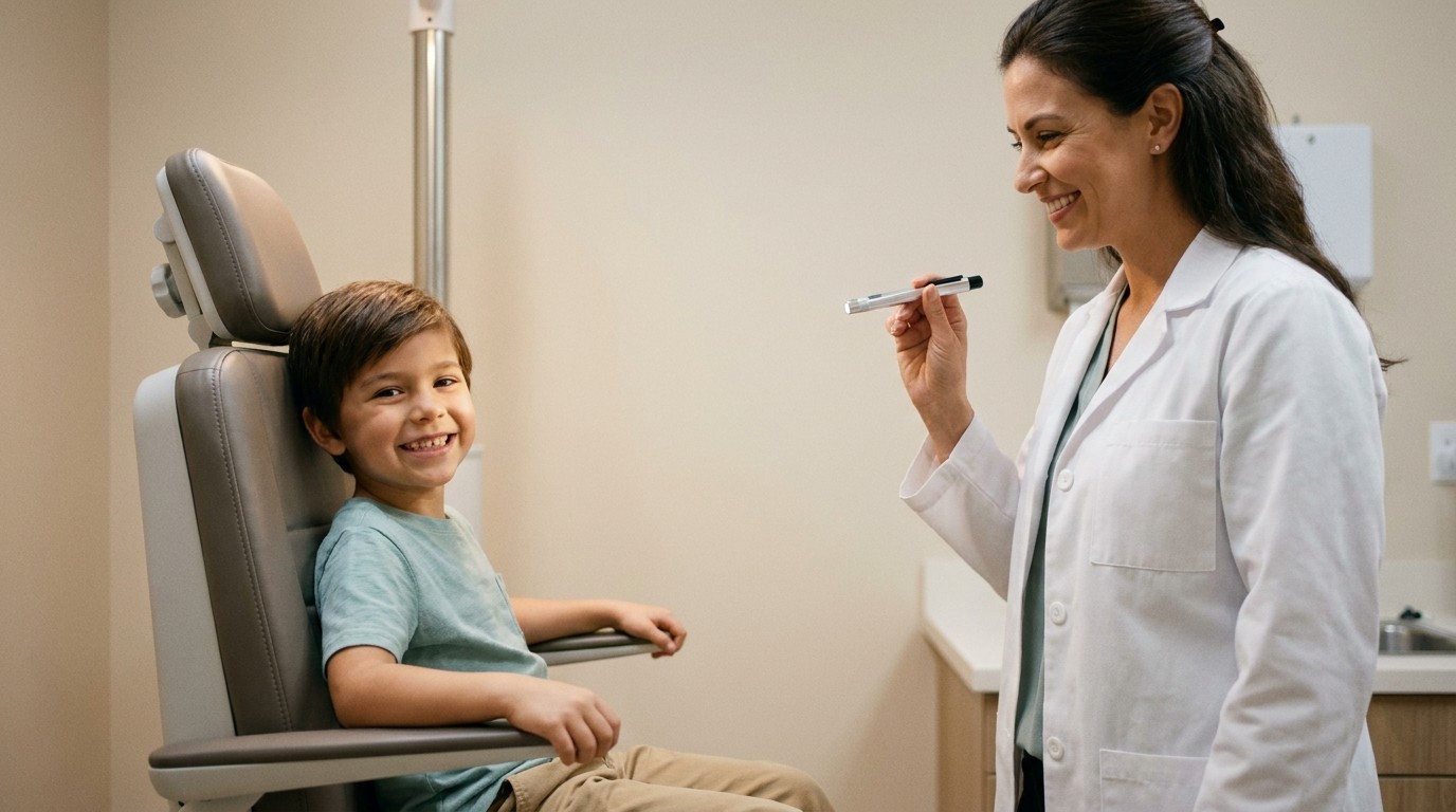 Smiling young boy sitting in medical chair facing smiling female doctor holding penlight.