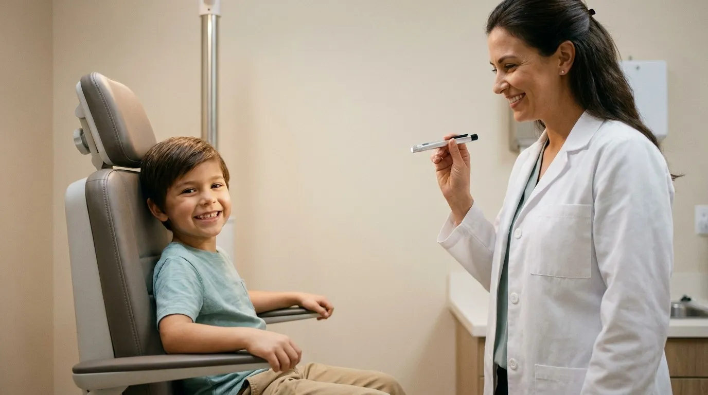 Smiling young boy sitting in medical chair facing smiling female doctor holding penlight.