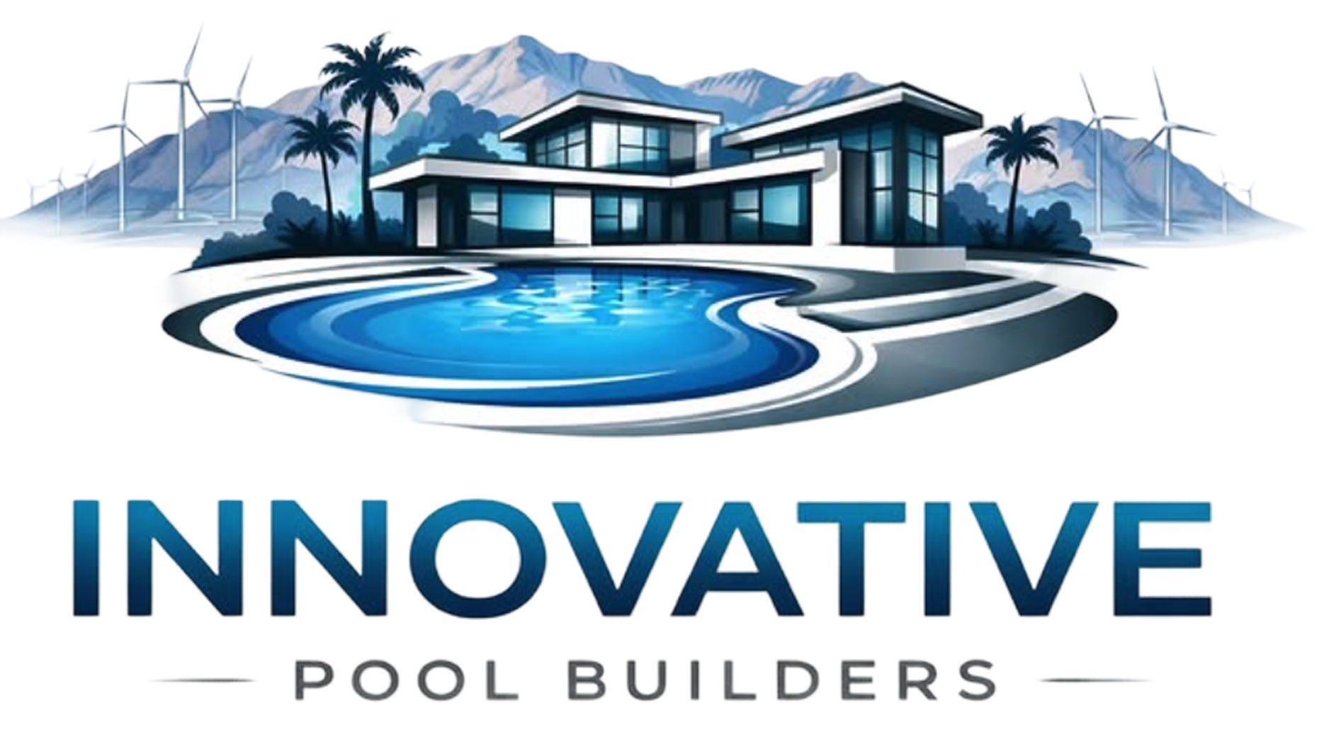 Modern house with curved blue swimming pool, palm trees, mountains, and wind turbines in the background.
