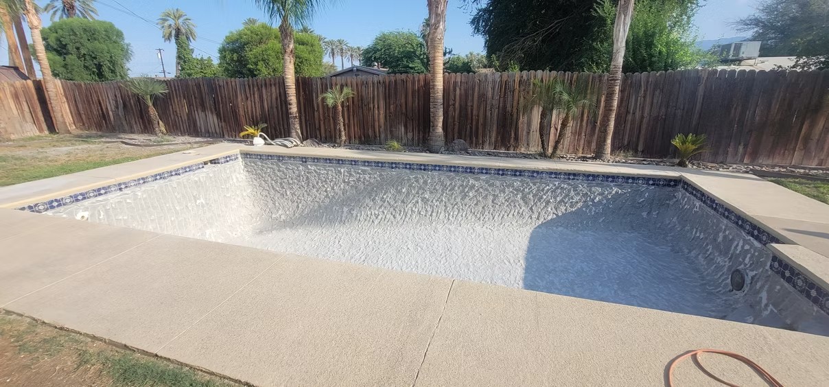 Empty backyard pool with white pebble finish surrounded by concrete and palm trees under blue sky.