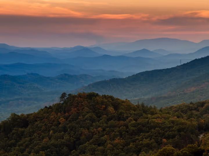 East Tennessee mountains at sunset near Knoxville