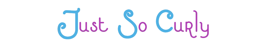 Text logo with 'Just So Curly' in a playful blue and purple font on black background.