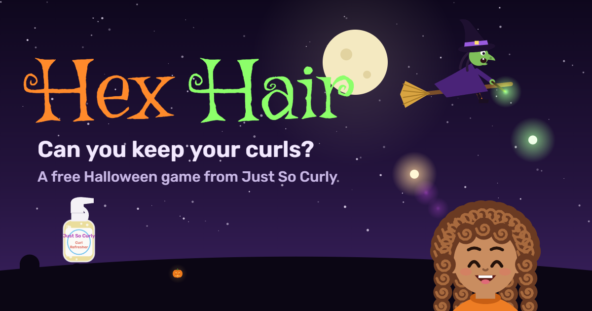 Hex Hair: a witch on a broom casts glowing hexes over a moonlit night while a smiling curly-haired kid and a Curl Refresher bottle wait below