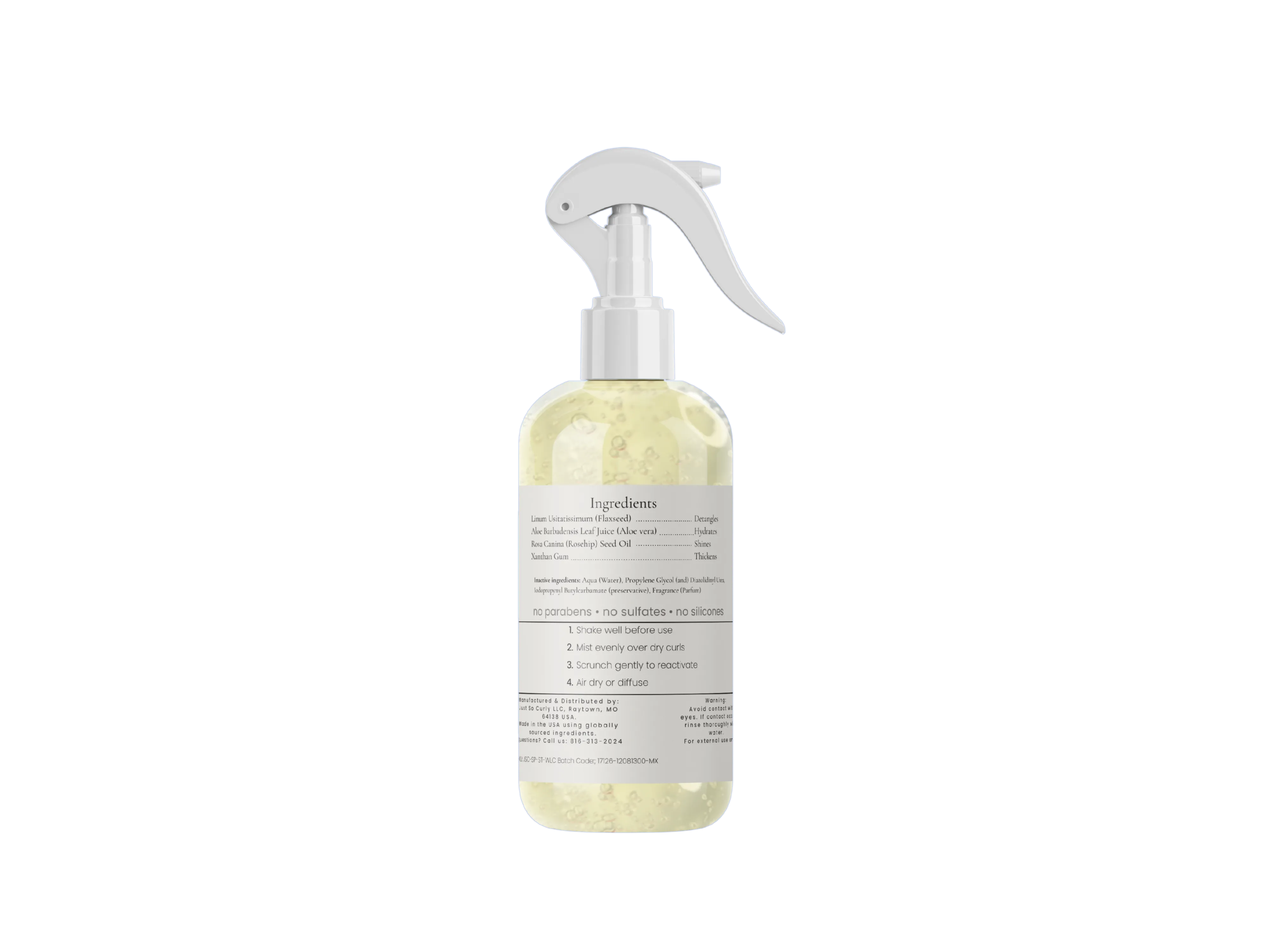 Back of the Styling Spritzer bottle showing the ingredient list and directions