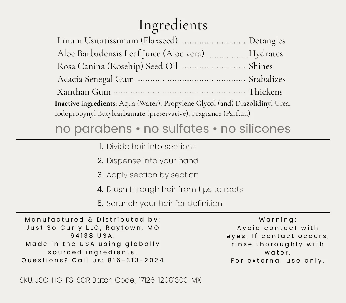 Curl gel label listing flaxseed, aloe vera, rosehip seed oil, acacia gum and xanthan gum, with five application steps