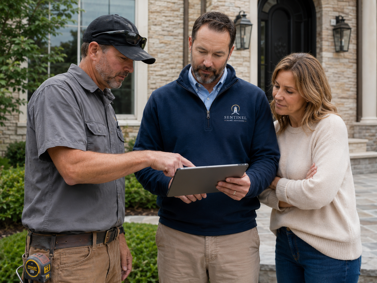 A Sentinel home advisor reviewing exterior information with homeowners