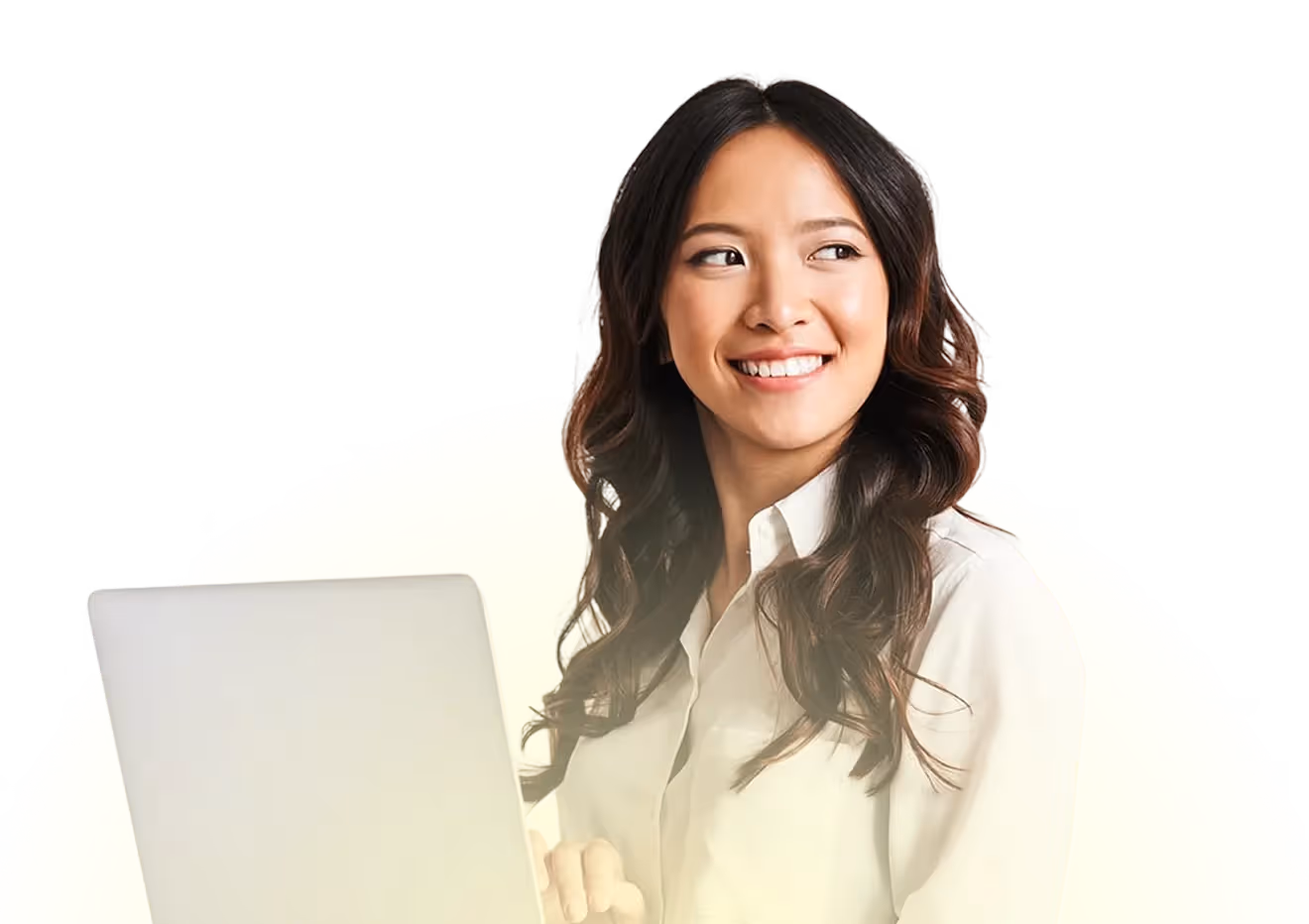 Smiling woman with long dark hair holding a laptop against a yellow circular backdrop.