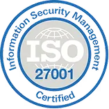ISO 27001 Information Security Management certified badge with world globe graphic.