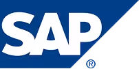 SAP logo in white on a dark blue angular background.